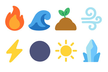 Mythic Elements Icons. Flat vector mini-illustrations mythic elements in colors children's illustrations: fire, water, earth, air,