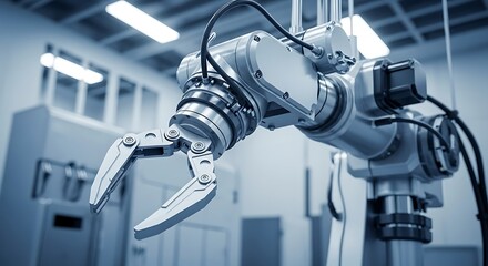 A detailed close-up of a sophisticated industrial robot arm, showcasing its complex mechanical design and precision engineering in a modern manufacturing facility.