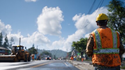 Construction worker wearing safety vest and helmet inspecting road under cloudy sky