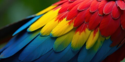 Obraz premium Close-up of scarlet macaw wing feathers showing vibrant color gradient , fauna, macaw, caribbean