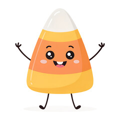 Obraz premium Cheerful candy corn with smiling face, big eyes, and waving arms, perfect for Halloween decorations, candy designs, and festive art. 