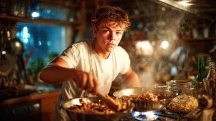 A determined young chef engaged in cooking a delicious meal in a warm, inviting kitchen, capturing the essence of culinary passion and the joy of home cooking.
