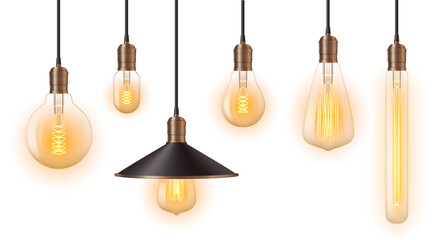 Naklejka premium Illuminating Ideas: A collection of creatively illuminated light bulbs showcases an array of shapes, designs, and warm glows, perfectly embodying the essence of innovation and idea generation.