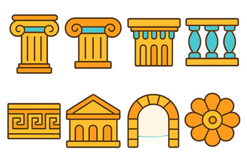 Playful Architectural Icons. Flat vector mini-illustrations architectural ornaments in colors children's illustrations: columns,