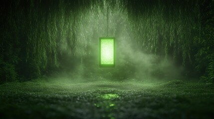 Enchanting green lantern in mystical foggy forest atmosphere