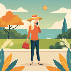 Blonde Female Figure Wearing a Summer Hat while Engaged in a Phone Conversation, Bright Outdoor Setting, Lifestyle Photography.