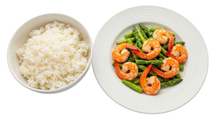 Isolated Shrimps and Asparagus with Rice