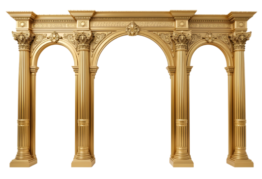 Classic Ornamental Golden Arch with Pillars – Transparent PNG Frame for Wedding and Event Decor.