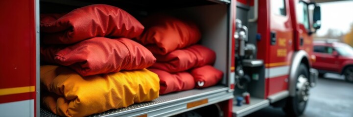 Firefighter turnout gear neatly stacked on firetruck, department, engine