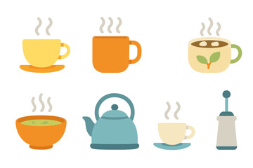 Steaming Beverages Grid. Flat vector mini-illustrations steam and drinks in colors children's illustrations: steaming tea cup,
