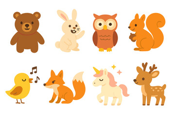 Storytime Animal Icons. Flat vector mini-illustrations storytime animals in colors children's illustrations: friendly bear,