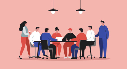 Diverse business team actively collaborating in a modern office meeting. Perfect for illustrating teamwork, discussion, planning, and professional communication.