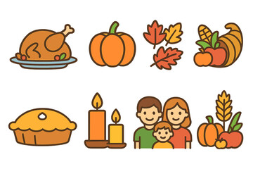 Thanksgiving Symbol Icons. Flat vector mini-illustrations turkey holiday symbols in colors children's illustrations: turkey dinner