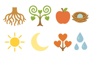 Tree of Life Icons. Flat vector mini-illustrations symbolic elements of tree of life in colors children's illustrations: roots