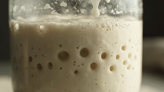 Bubbles rise and burst in a sourdough starter, showing fermentation in a beautiful close-up