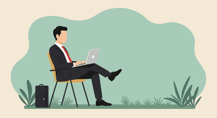 Businessman working on laptop outdoors, illustrating remote work, flexible schedules, and modern professional life. Ideal for business, technology, and lifestyle concepts.