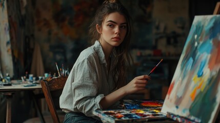 Fototapeta premium Young woman immersed in artistic creation in her studio, painting in progress
