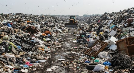 Massive Landfill Waste Disposal Site with Bulldozer.