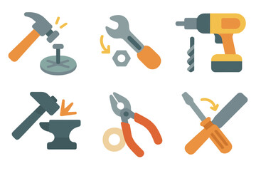 Workshop Tools Icons. Flat vector mini-illustrations clang in workshop sounds in colors children's illustrations: hammer on nail,