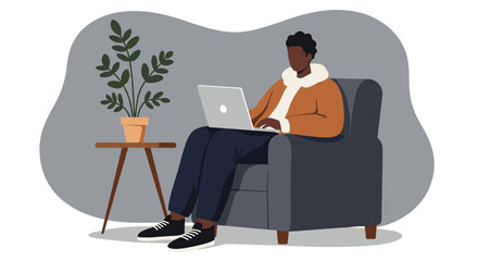 Man comfortably works remotely on laptop in a cozy home setting, ideal for modern lifestyle, freelance, and online business concepts.