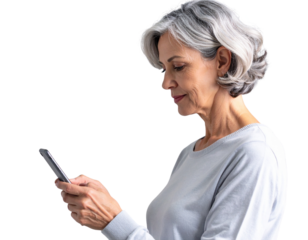 Side Profile of Middle-Aged Woman Browsing Social Media on Smartphone, Isolated PNG