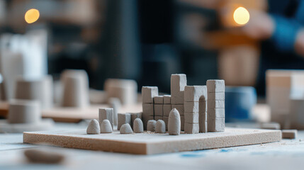 Clay model representation of various structures, showcasing creativity and craftsmanship workshop setting. soft texture and neutral colors evoke