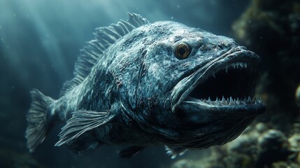 Fototapeta premium A menacing fish with sharp teeth glides through the deep ocean, exploring its fierce underwater realm