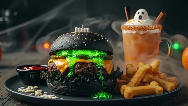 Spooky black burger with glowing green cheese and a ghostthemed drink for halloween, served with boneshaped fries