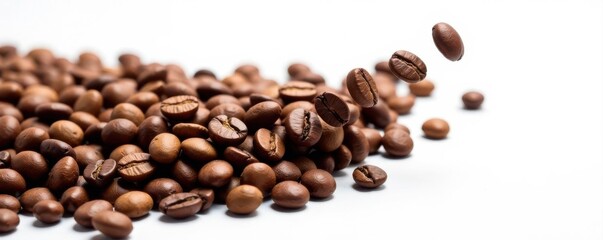 Obraz premium Roasted coffee beans levitate, isolated on white Abundant, rich brown beans , caffeine, isolated, food