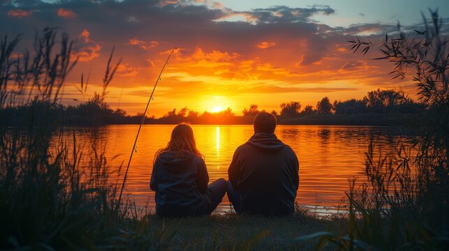 Two individuals sit side by side, watching the sun dip below the horizon, casting a golden reflection on the water