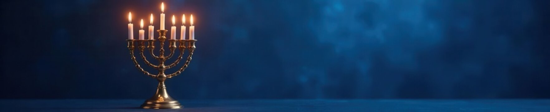 Shining golden menorah and eight burning candles against a blue backdrop , chag urim sameach, vector
