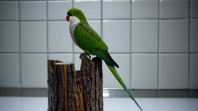 AI-generated bright monk parakeet perches on textured wood, set against a smooth tiled white wall