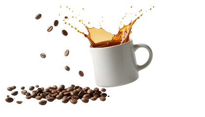 Flying Coffee Cup with Splash and Roasted Beans PNG &ndash; Isolated Transparent Background