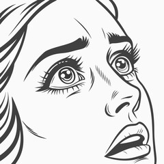Shocked Woman Face Line Art – Pop Art Style Black and White Illustration
