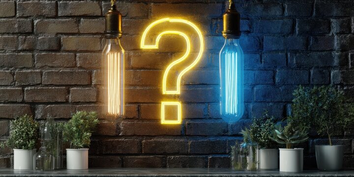 The Neon Question Mark Framed by Vintage Edison Bulbs and Potted Plants on Brick