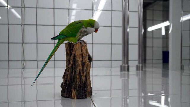 AI-generated monk parakeet (Myiopsitta monachus) perches on a log inside a white-tiled room