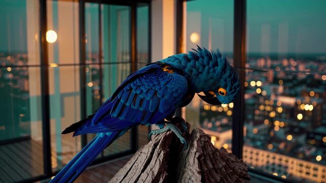 AI-generated hyacinth macaw parrot sits on a log in a modern room above city night views