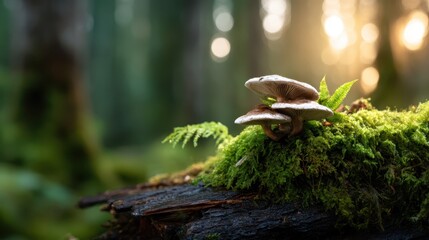 Obraz premium This serene image showcases mushrooms peeking through lush moss on a log, bathed in soft sunlight filtering through tall trees in a tranquil forest setting.