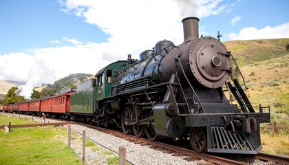 Obraz premium Vintage steam locomotive pulling passenger cars along a scenic mountain railway