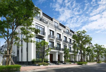Modern multi-story residential building with balconies and lush green trees in a suburban neighborhood