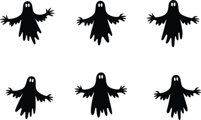Spooky cartoon ghost silhouettes set, black Halloween ghost icons collection, scary flying spirits vector illustration, creepy haunted figure for decoration and design.