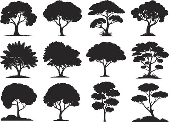 Tree silhouette vector set, black forest shapes, botanical illustration, nature icons, landscape design elements, diverse foliage, seasonal tree collection, editable graphic