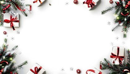 Creative frame made of Christmas fir branches, gift boxes, red decoration, sparkles and confetti on white background. Xmas and New Year holiday, bokeh, light. Flat lay, top view 