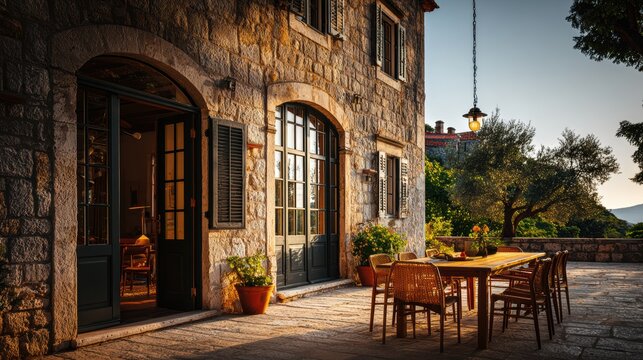 a photo of the exterior design of an old stone house in Croatia, traditional mediterranean style with modern furniture and lighting,