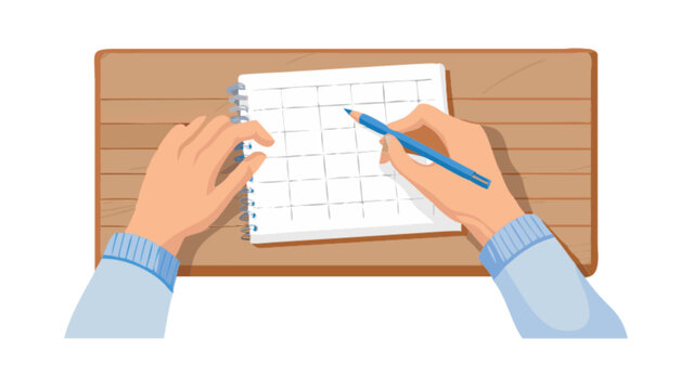 Schedule planning with notebook, organizing tasks and appointments for productivity, writing notes with a blue pen, time management, and achieving goals, vector origin