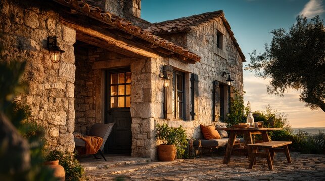 a photo of the exterior design of an old stone house in Croatia, traditional mediterranean style with modern furniture and lighting,