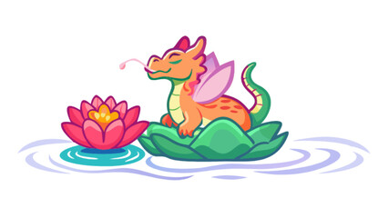 Adorable cartoon dragon with wings rests peacefully on a lily pad beside a vibrant pink lotus flower, perfect for children's books, fantasy games, and whimsical designs