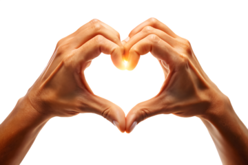 Closeup of a persons hands forming a heart shape with a bright light in the center, isolated on a transparent background