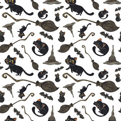 Obraz premium Seamless pattern with black cat, witch broom, hat and bats. Watercolor hand drawn illustration, cartoon. Design for stickers, scrapbooking, cards. holiday, halloween, hat, witch, cat, black, broom