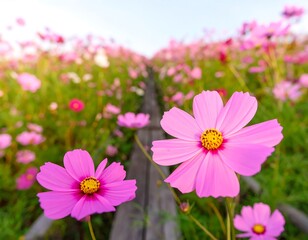 Fototapeta premium Pink cosmos flowers in a field